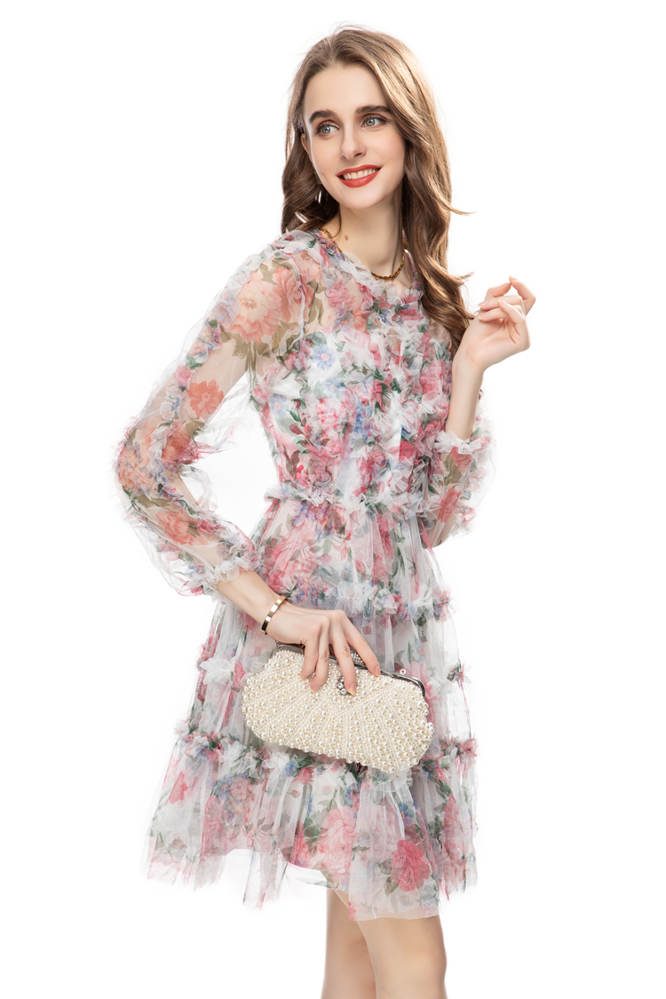 Women's Runway Dresses O Neck Waist Sleeves Appliques Printed Elegant Layered Fashion Homecoming Dress