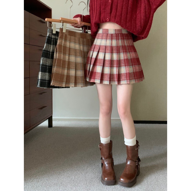 Autumn And Winter Chain High Waist Slimming A-Line Plaid Pleated College Wind Woolen Bust Skirt Women 210521