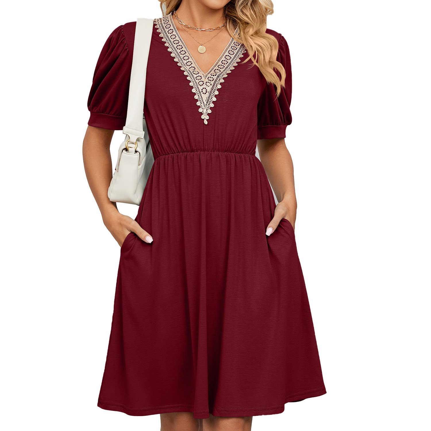 Casual Dresses For Women 2023 Summer Chic and Elegant Loose Dress Solid Color Lace VNeck Short Sleeve Lady Clothing Vestido 230426