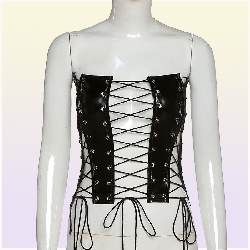 Womens Underwear Bustiers Corsets Sexy Hollow Out Bandage PU Leather Corset Crop Top for Women 2021 Club Outfits Backless Straples8570135