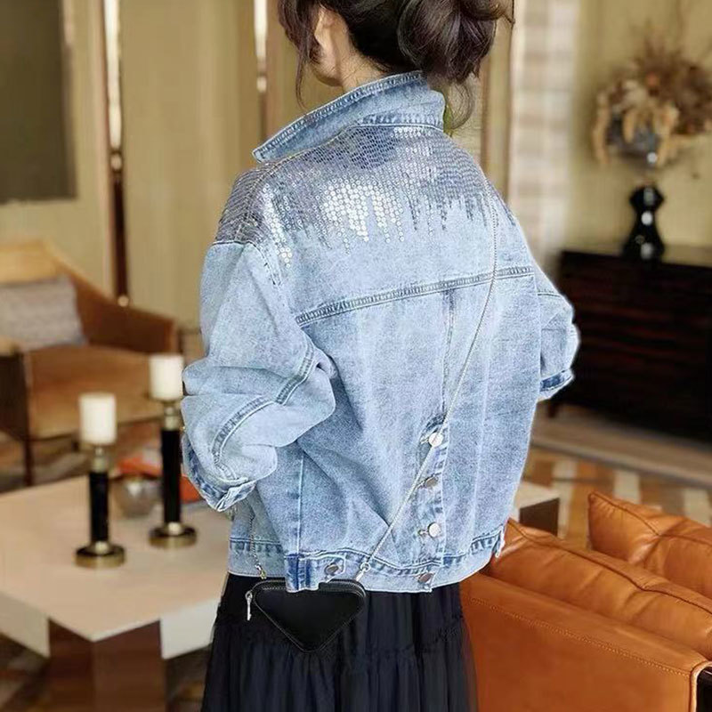 Women's Jackets Hole Jean Jacket Women Spring Short Sequin Denim Jacket Splice Autumn Female Jacket Autumn Bomber Jackets For Women Navel 230427