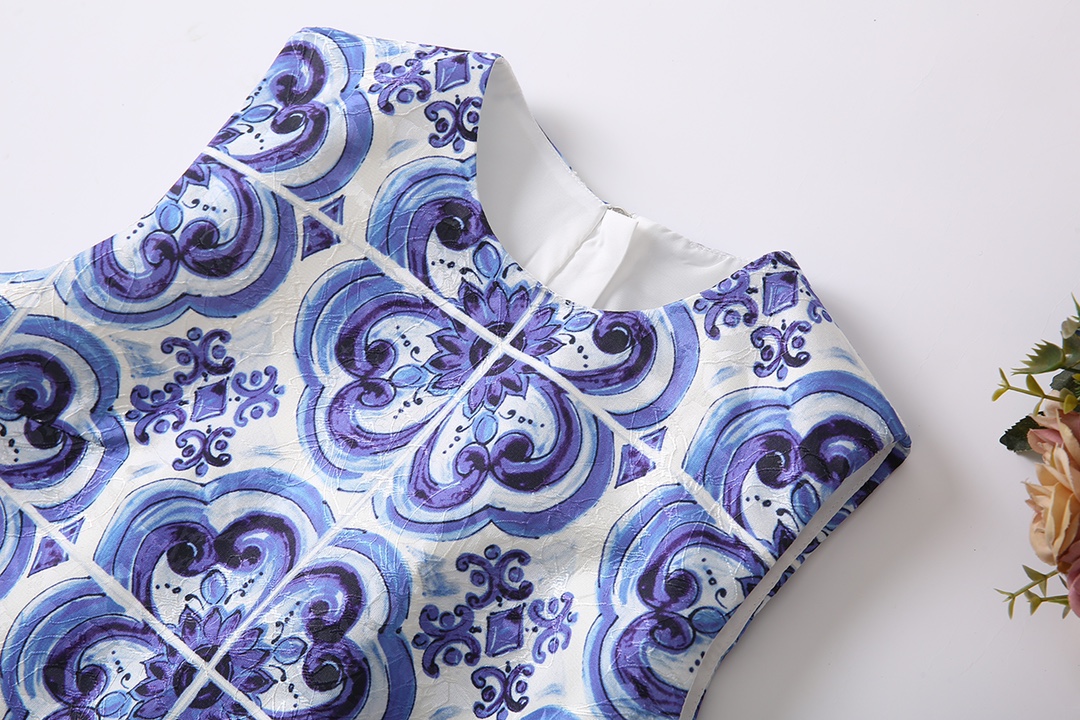 Blue Porcelain Print Dress: Designer Party Wear | Sleeveless Gathered Waist Birthday Dresses C260311