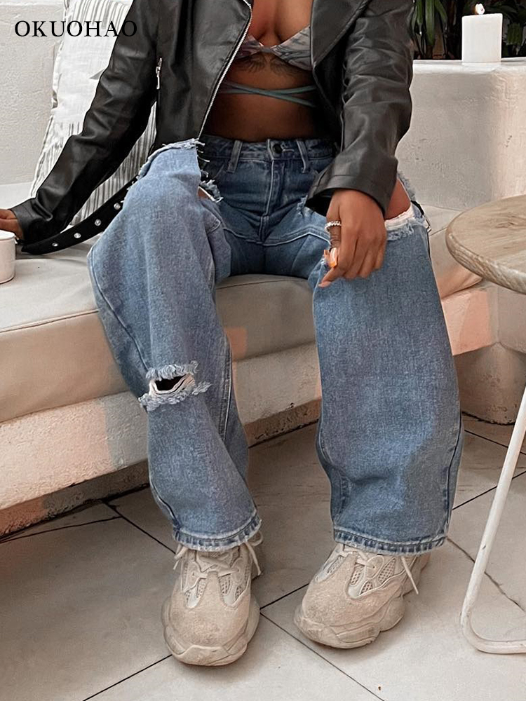 Women's Jeans Vintage Jeans Women High Waist Ripped Baggy Pants Straight Wide Leg Loose Denim Pants Y2k Streetwear Wash Blue Jean Trousers 230427