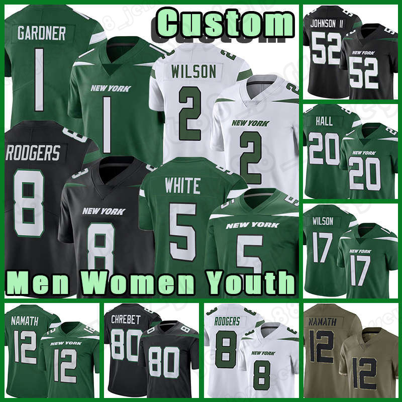 Zach Wilson Garrett Wilson Sauce Gardner Football Jerseys Aaron Rodgers New Yorks Jetes Breece Hall Jermaine Johnson II Joe Namath C.J. Mosley Quinnen Williams Carter