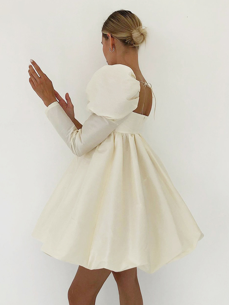 Casual Dresses Mnealways18 Puff Sleeves Woman Party Evening Chic Square Collar Ball Gown Short Beige Satin Pleated Ladies 230426