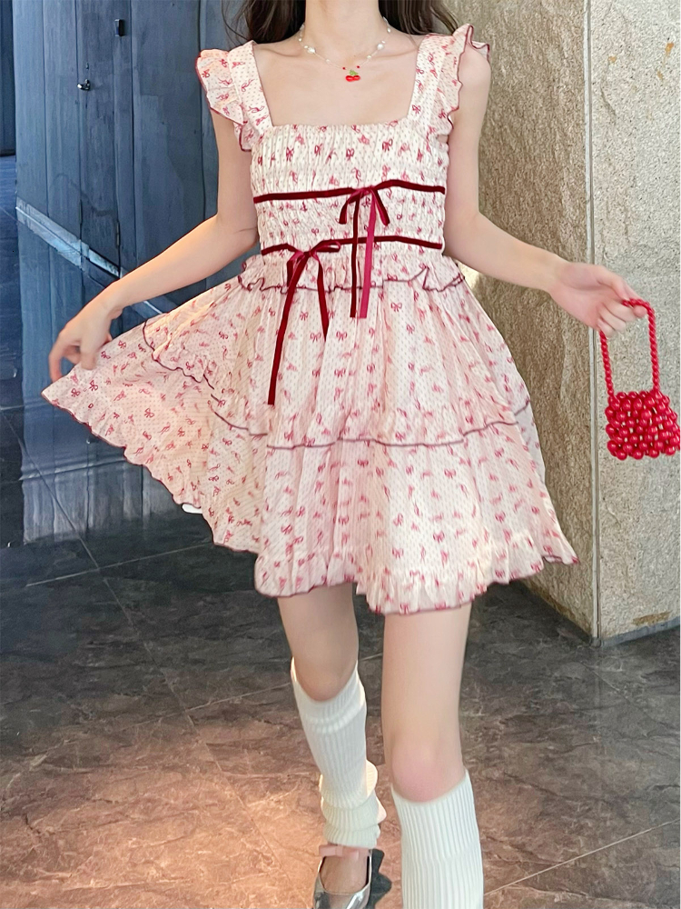 Casual Dresses Summer Floral Korea Kawaii Women France Vintage Elegant Party Mini Lace Print Sweet Cute Fairy 230426