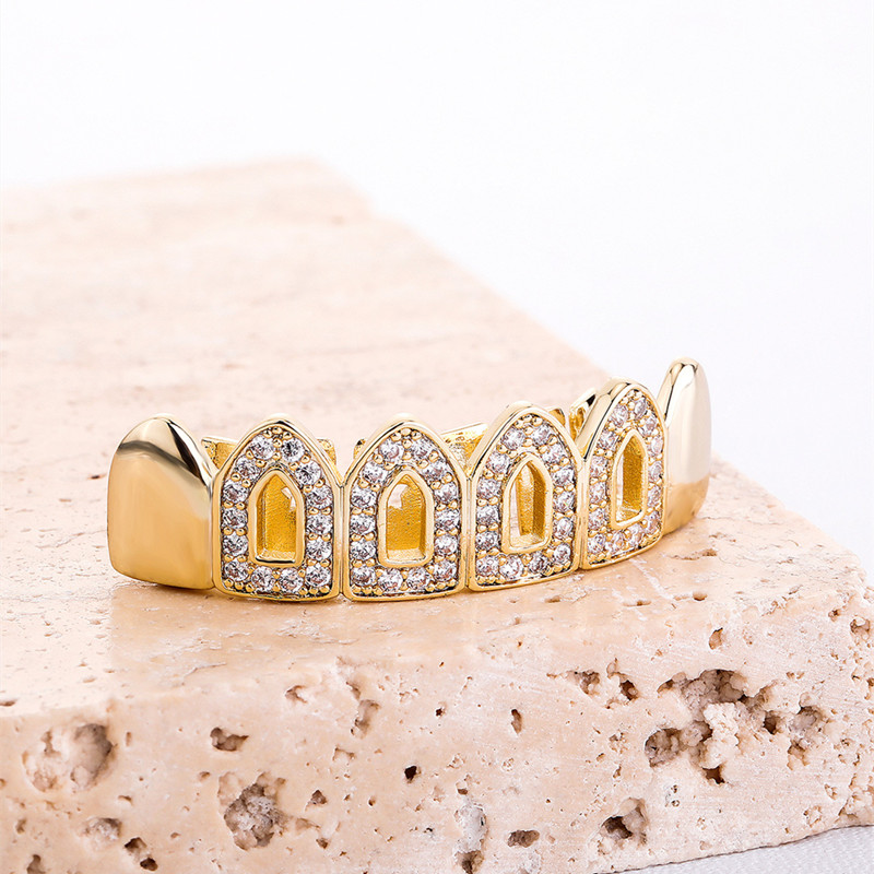 New Bling CZ Hollow Teeth Grillz Yellow White Gold Plated Top Grills Dental Jewlery Hip Hop Fashion Rapper Jewelry