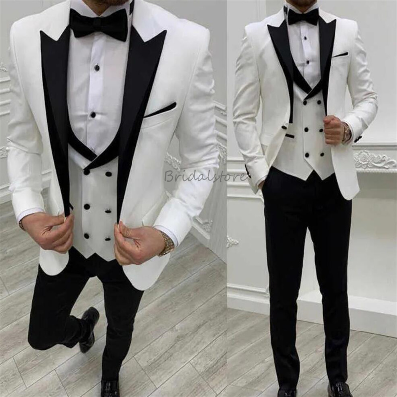 Slim White Blazer Wedding Tuxedo For Men One Button Double Breasted Vest Fit Wedding Suit Prom Dinner Bespoke 3 Pieces Male Bussiness Outfit Set Suit 