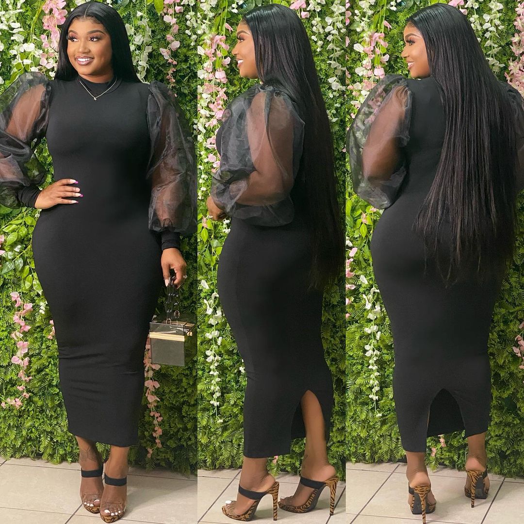 Women Solid Color Plus Size Women's Gauze See-Through Lantern Sleeve Dress 3 Colors In Stock