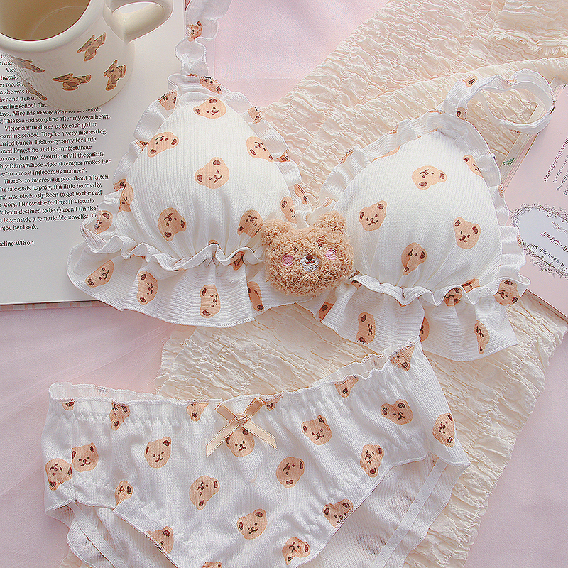 Bras Sets Little Bear Bra and Panty Set Kawaii Lolita Push Up Bra Padded Cartoon Japanese Girl Soft Cute Underwear Thin Bras Bralette Set 230427