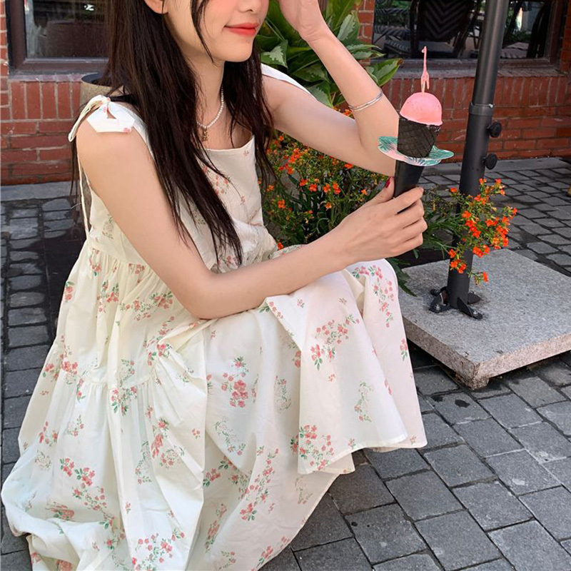 Casual Dresses Rimocy Summer Sweet Floral Midi Women Lace Up Loose Spaghetti Strap Woman Korean Female 230426