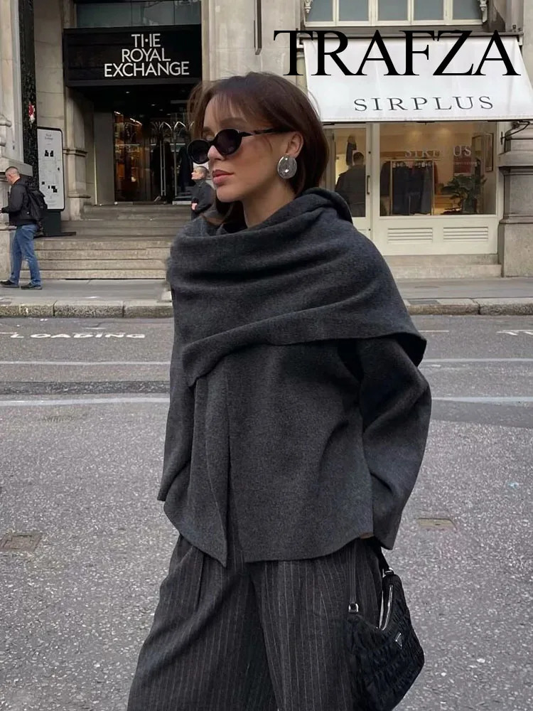 Womens Jackets TRAFZA Winter Fashion Asymmetric Scarf Womens Short Knitted Coat Long Sleeve Single Button Loose Womens Short Woolen Jacket 231127