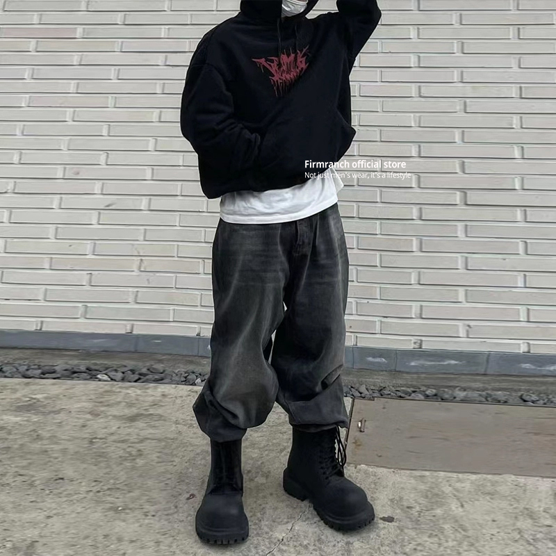 Men's Jeans Firmranch 2023 Black Baggy For Men Women Mopping Flared Denim Trousers Oversize Pants Streetwear Free Ship 230426