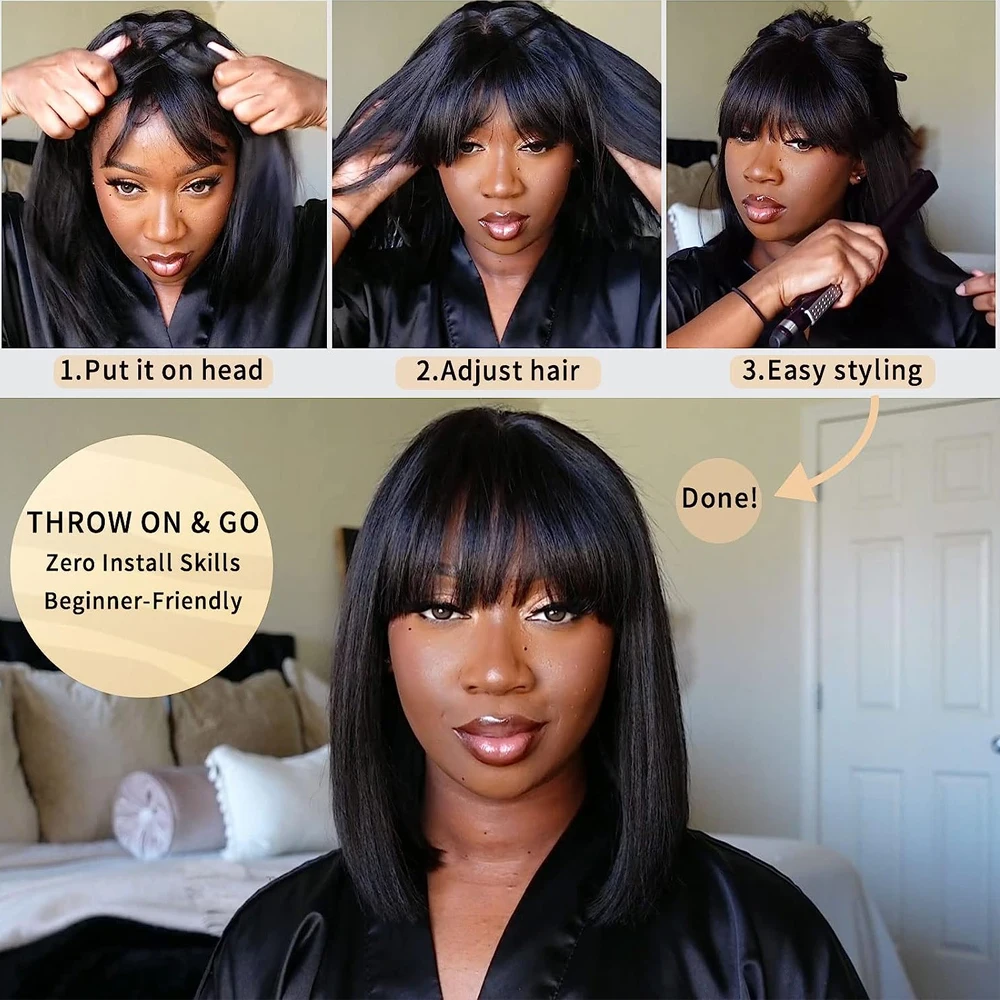 Free shipping 180density Brazilian Remy HairShort Straight Short Human Hair with Bangs Cheap Full Lace Black Bob Wigs for Woman