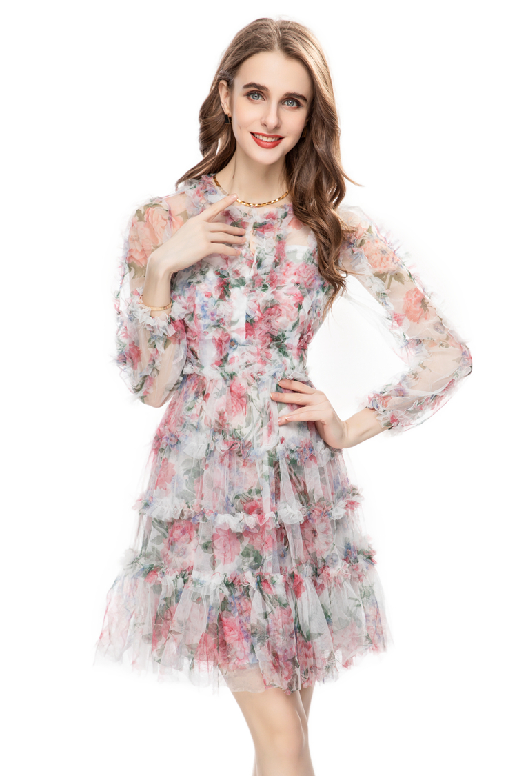 Women's Runway Dresses O Neck Waist Sleeves Appliques Printed Elegant Layered Fashion Homecoming Dress