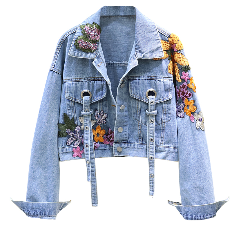 Women's Jackets Women jeans Jacket feminine Spring Autumn Sequin Floral Embroidery Denim Jackets Coat Female Short Long Sleeve Outerwear femme 230427