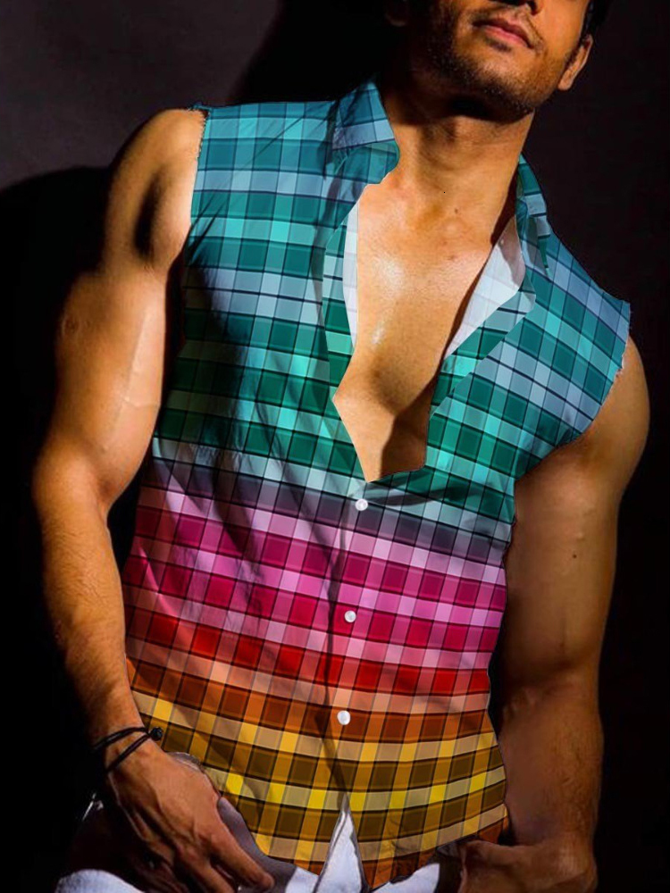 Men's Casual Shirts Rompi pria tanpa lengan Motif pelangi pakaian Vintage musim panas kerah lipat berkancing kasual 230427