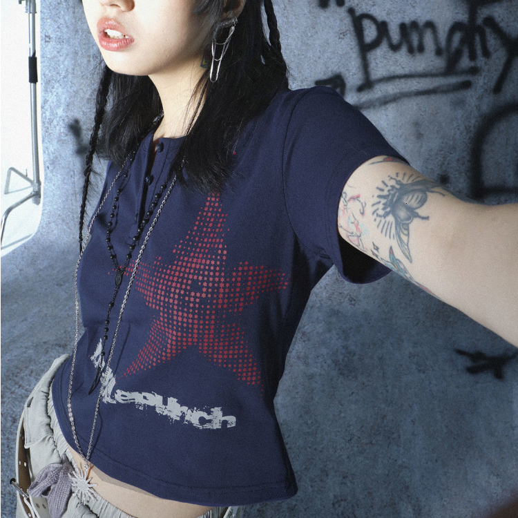 Women's T Shirt KOSAHIKI Vintage Y2k Kaus Crop Top Estetika Wanita Grunge Femme Cetak Bintang Punk Gothic Streetwear Grafis 230427