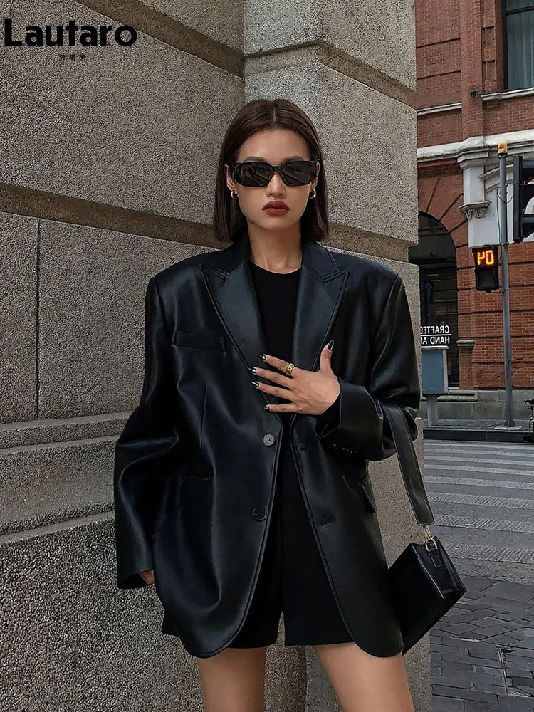 Women s Jackets Lautaro Autumn Black Brown Soft Pu Leather Blazer Women Shoulder Pads Long Sleeve Single Breasted Loose Casual Korean Fashion 231127