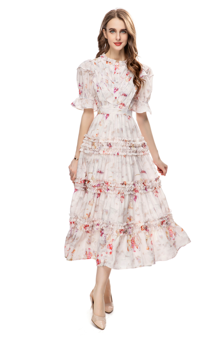 Women's Runway Dresses O Neck Short Sleeves Printed Floral Tiered Ruffles High Street Casual Vestidos