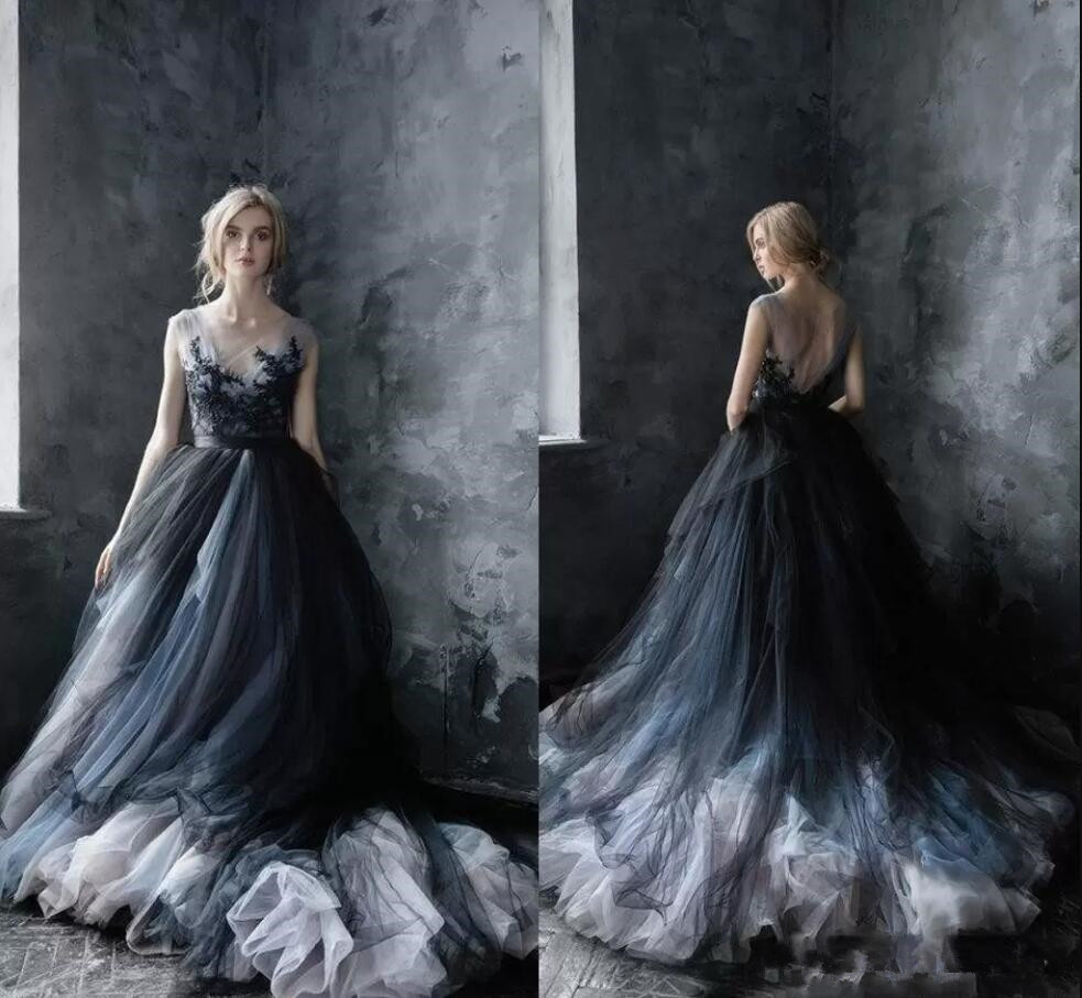 Gothic Black Multi Color 2023 Wedding Dresses forset country Bridal Gowns Sheer Neck Applique Lace Backless Tulle Court Train