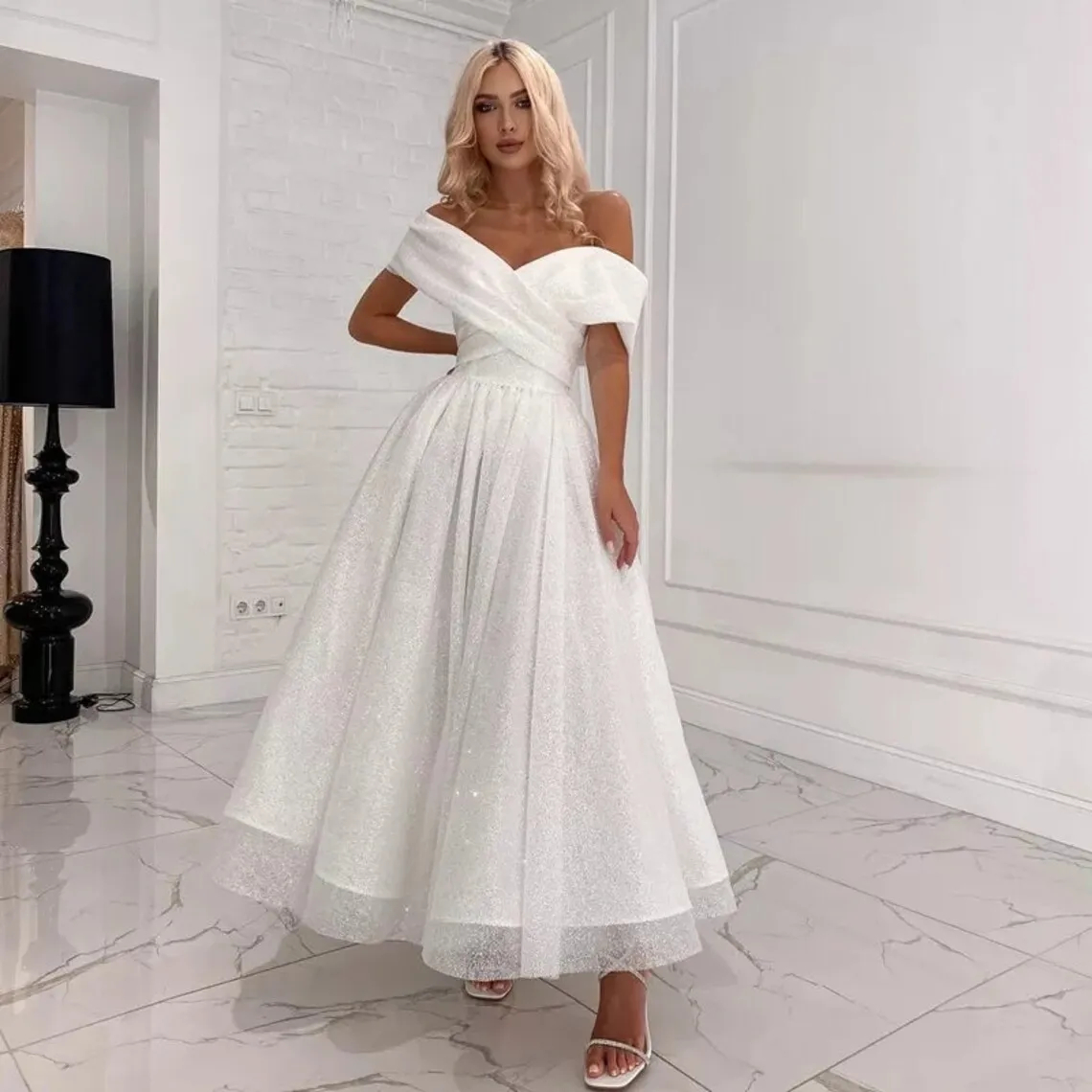 Glitter White Sequined A Line Wedding Dresses Off The Shoulder Ankle Length Bridal Gowns Simple Chic Bride Dress 2024