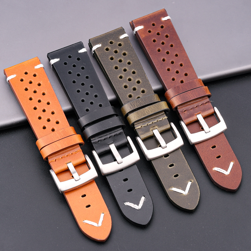 Watch Bands Handmade Cowhide Breathable Band 18 20 22 24mm Men Women 4 Colors Oil Wax Genuine Leather Strap band Accessories 230426