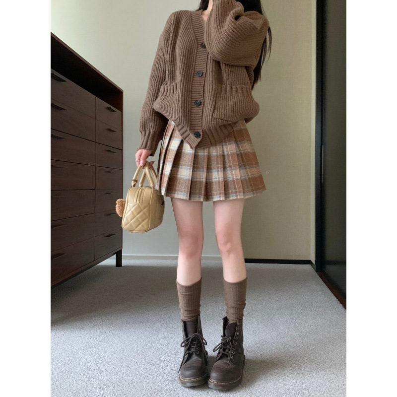 Autumn And Winter Chain High Waist Slimming A-Line Plaid Pleated College Wind Woolen Bust Skirt Women 210521