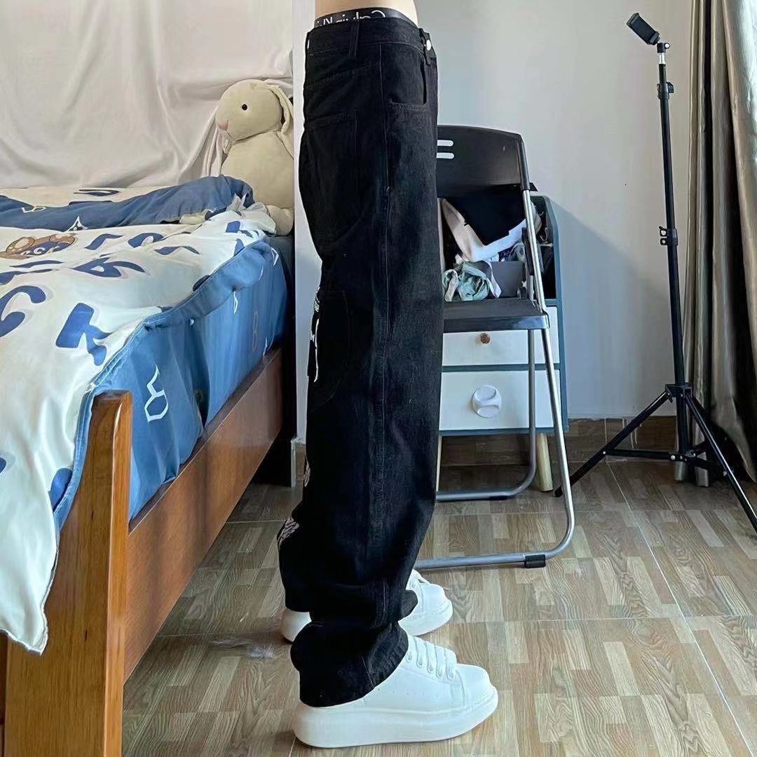 Men's Jeans Dark Streetwear Skull Hand Print Black Hip Hop Men Baggy Pants Multiple Pockets Straight Loose Denim Trousers Spodnie 230426