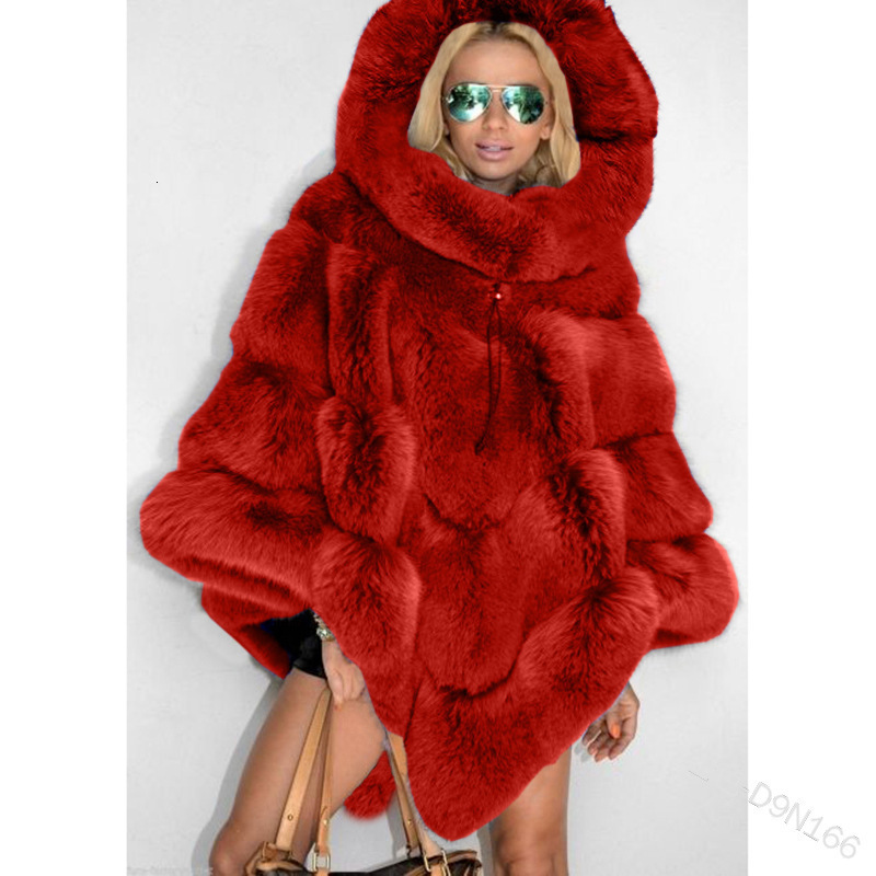 Faux Fur Coat Women Fox Fur Winter Warm Oversized Long Sleeve Cape Poncho Overcoat Pullover Jacket Outwear Plus Size 201029