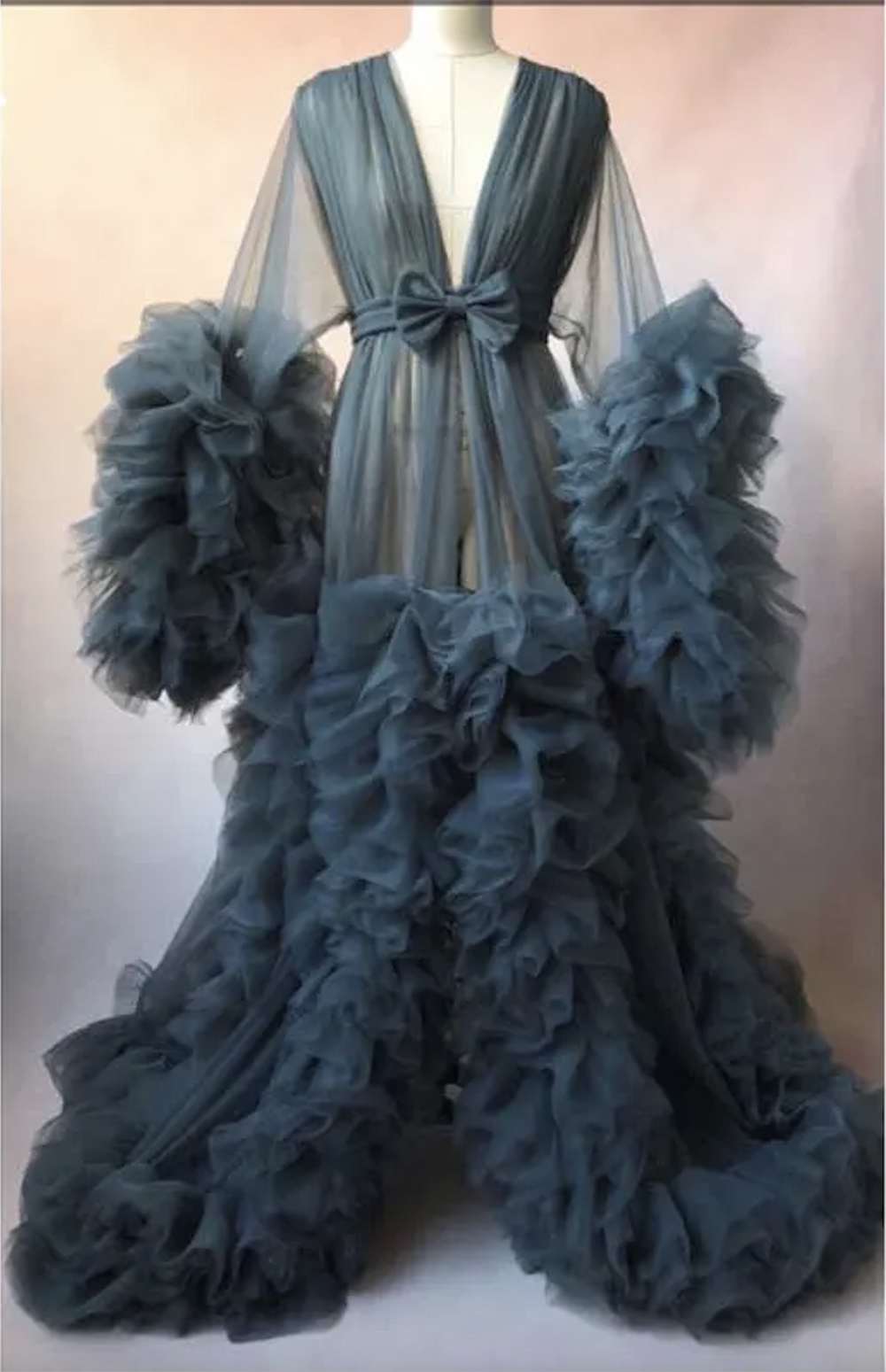 Chic Illusion Ruffles Tulle Long Sleeve Women Winter Sexy Kimono Pregnant Party Sleepwear Women Bathrobe Sheer Nightgown Robe Shawel