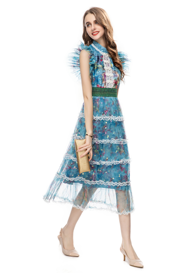 Women's Runway Dresses O Neck Tiered Ruffles Lace Patchwork Fashion High Street Vestidos