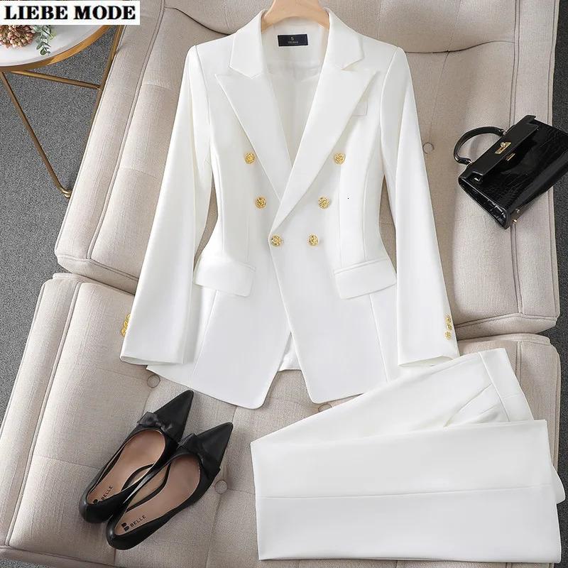 Women's Two Piece Pants Female Uniform Business Suits with Straight Trouser Elegant Office Blazer Set for Women Work Wear Suite Black White Red 2