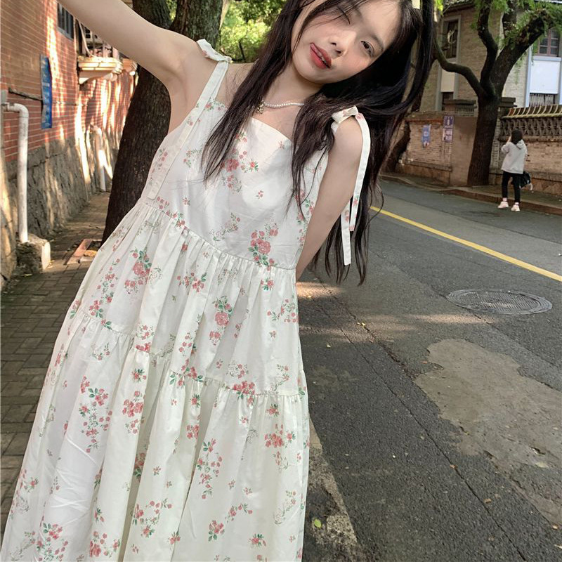Casual Dresses Rimocy Summer Sweet Floral Midi Women Lace Up Loose Spaghetti Strap Woman Korean Female 230426