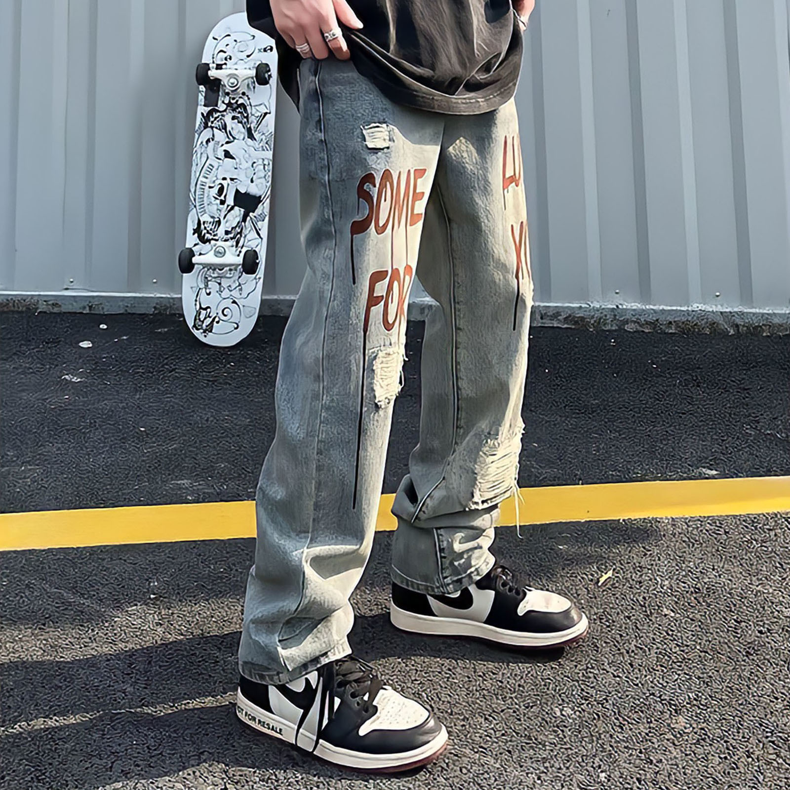 Men's Jeans Blue Punk Baggy For Men Straight Leg Oversized Pants Letter Print Streetwear Y2k Vintage Hip Hop Ripped Denim Trousers 230426