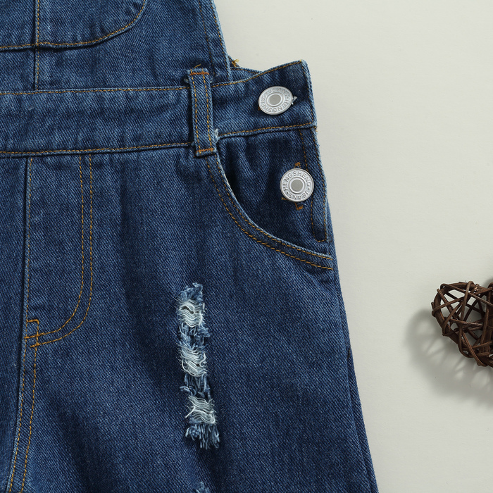 Trousers Celana Suspender Perempuan 3 7 Tahun Terusan Tanpa Lengan Warna Solid Biru dengan Hem Kerutan dan Lubang Rusak 230426