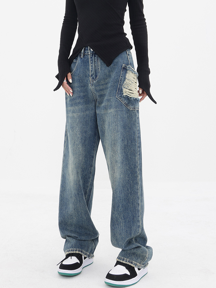 Women's Jeans Ripped Jeans for Women High Waisted Wide Leg Denim Pants Irregular High Street Full Length Blue Trousers Chic Y2k Jeans Spring 2304