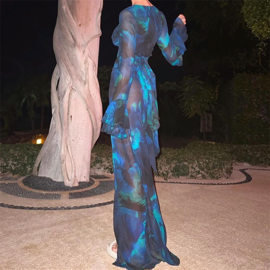 Women's Swimwear Puloru Blue Floral Coverup Long Beach Dress Sexy Ruffles Sleeve Deep V Neck Belted Dresses for Vacation Party Night 230426