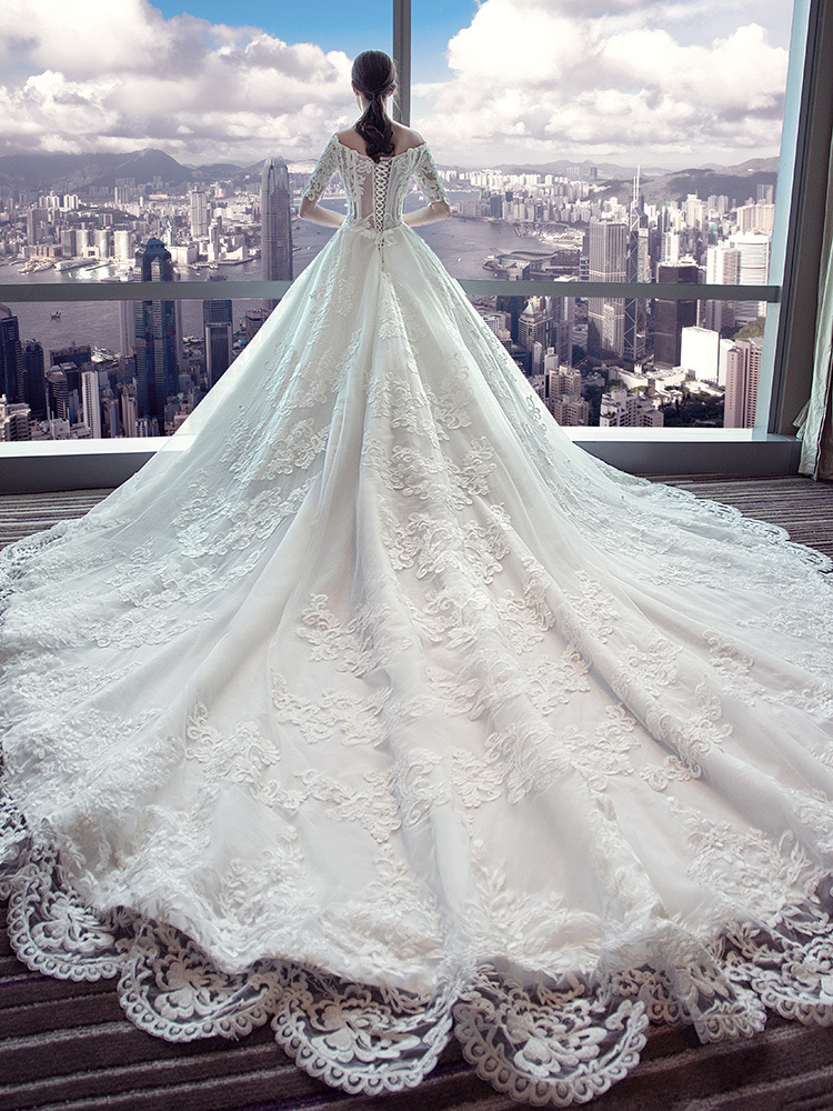 Long Sleeves Dresses New Off Shoulder Sexy Lace Flowers Ball Bridal Dress Robe Mariee Wedding Gown Court Train Country Boho Vestidos De Boda 403