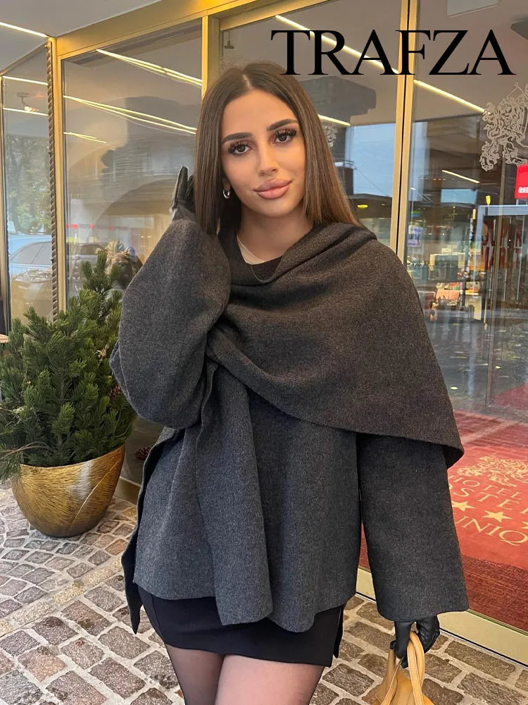 Womens Jackets TRAFZA Winter Fashion Asymmetric Scarf Womens Short Knitted Coat Long Sleeve Single Button Loose Womens Short Woolen Jacket 231127