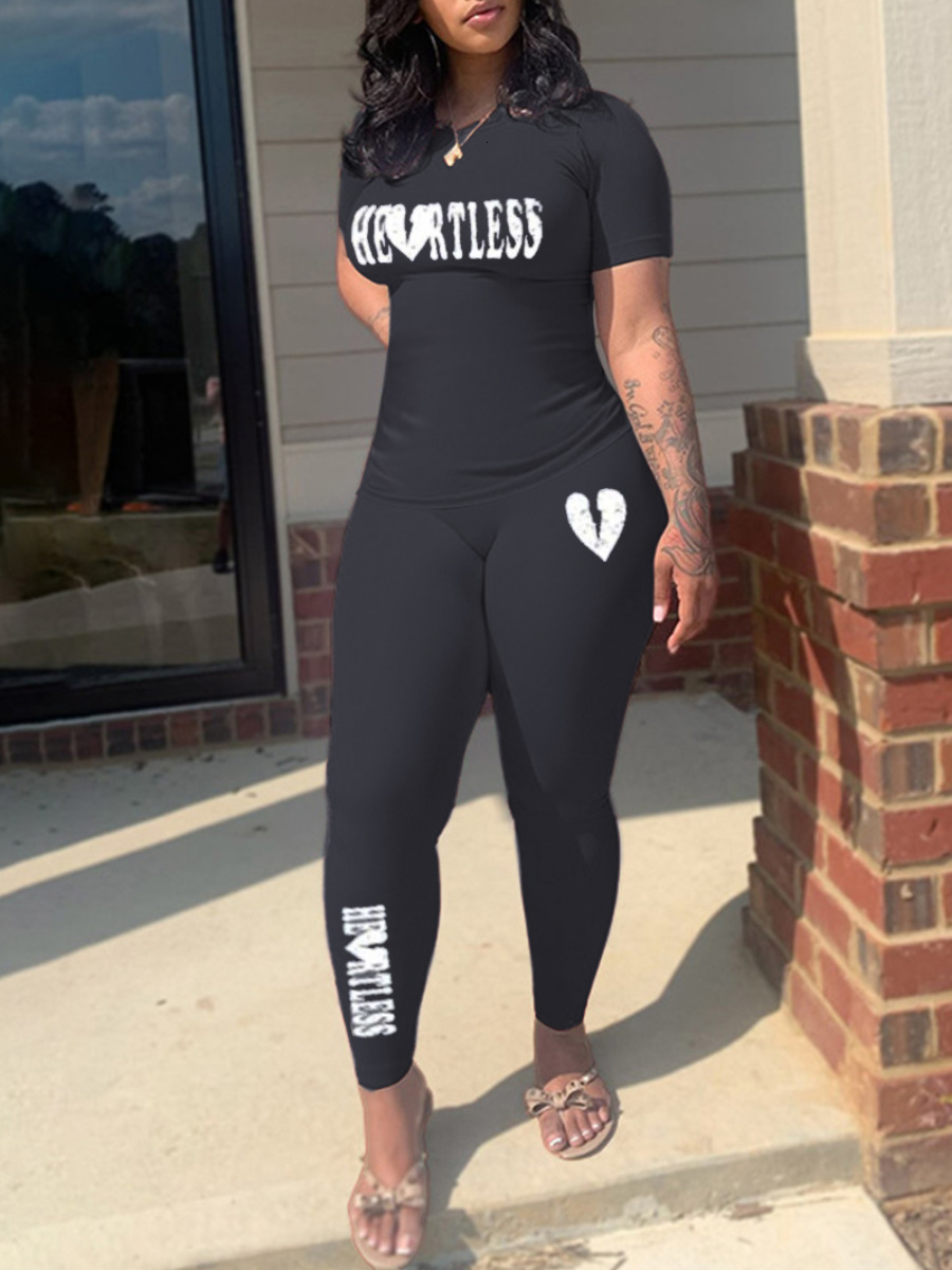 Women's Plus Size Tracksuits LW Skull Head Graffiti Print Pants Set summer Womens Two Peice s Casual Top Skinny Female Suit 230426