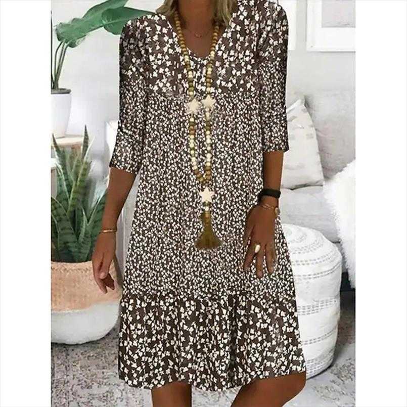 Summer Floral Print Mid Dresses Length Sleeves V Empire Neck Dress Women