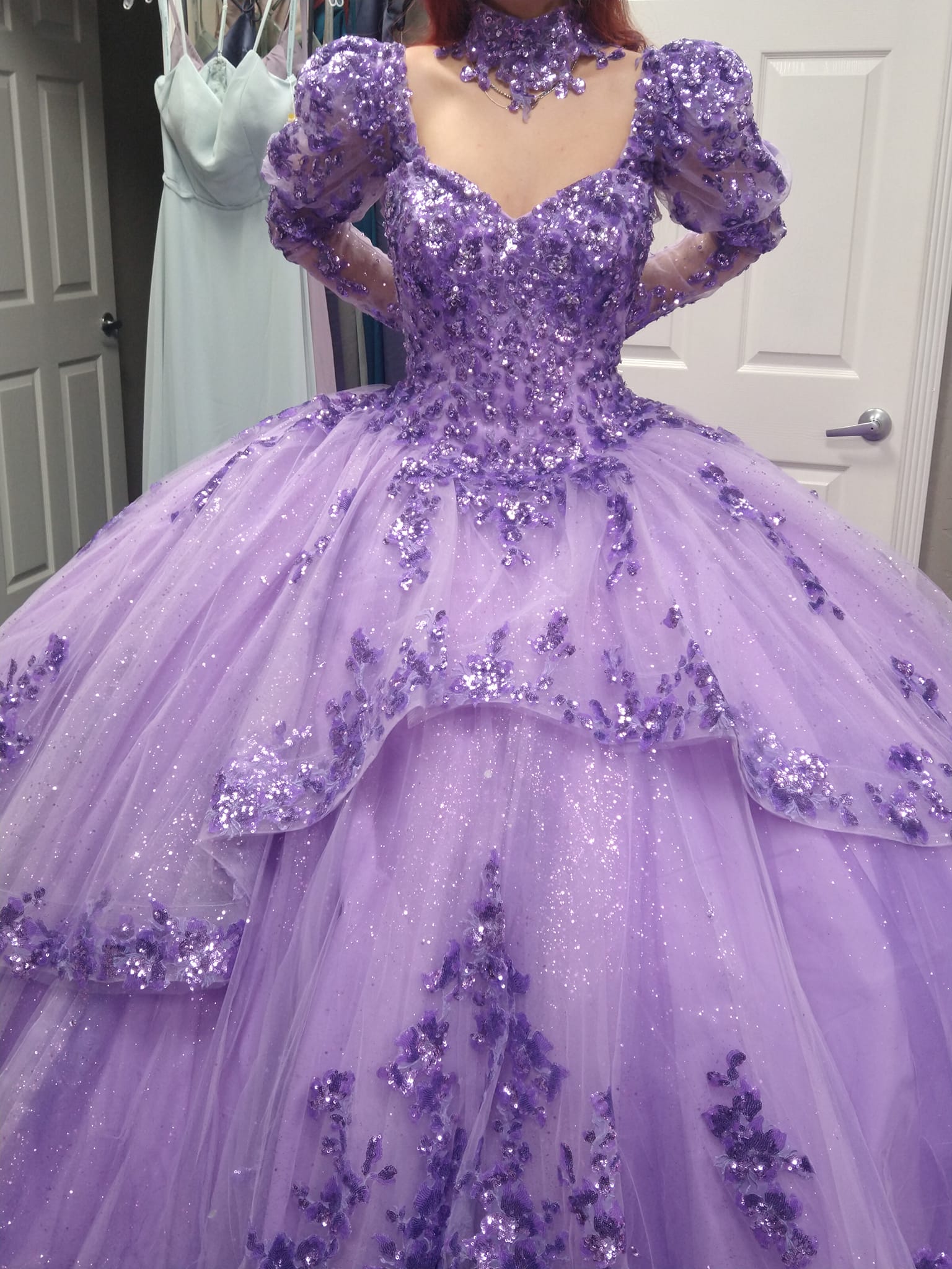 Sprkle Quincener Dress Detchble Long Sleeves Choker Mexicn Glitter Tulle Quince Sweet 15/16 Birthdy Prty Gown for 15th Girl Drm Winter Forml Prom