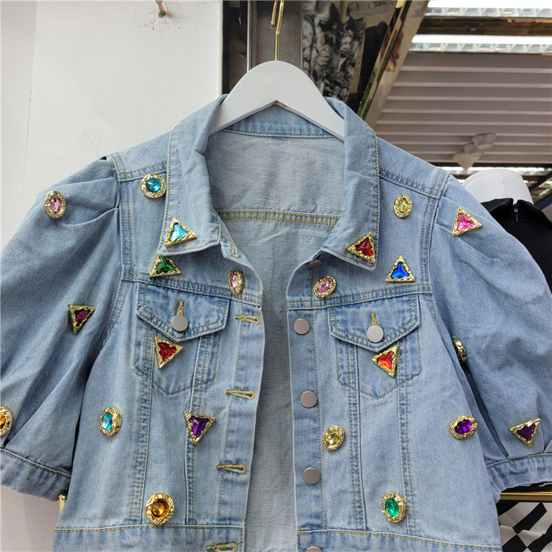 Women's Jackets Casual Puff Sleeve Rhinestones Short Denim Coats for Women Spring and Summer Loose Diamonds Crop Jean Jackets Female 230427