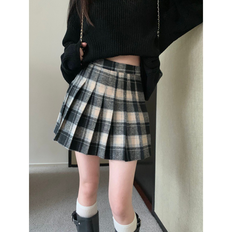 Autumn And Winter Chain High Waist Slimming A-Line Plaid Pleated College Wind Woolen Bust Skirt Women 210521