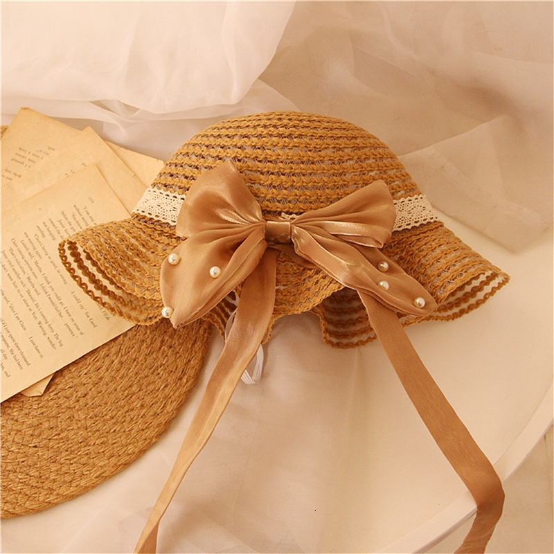 Caps Hats Fashion Baby Petal Brim Straw Woven Hat Sun Protection Cap Kids Girls Princess Adjustable Beach Cute Infant Bucket 230426