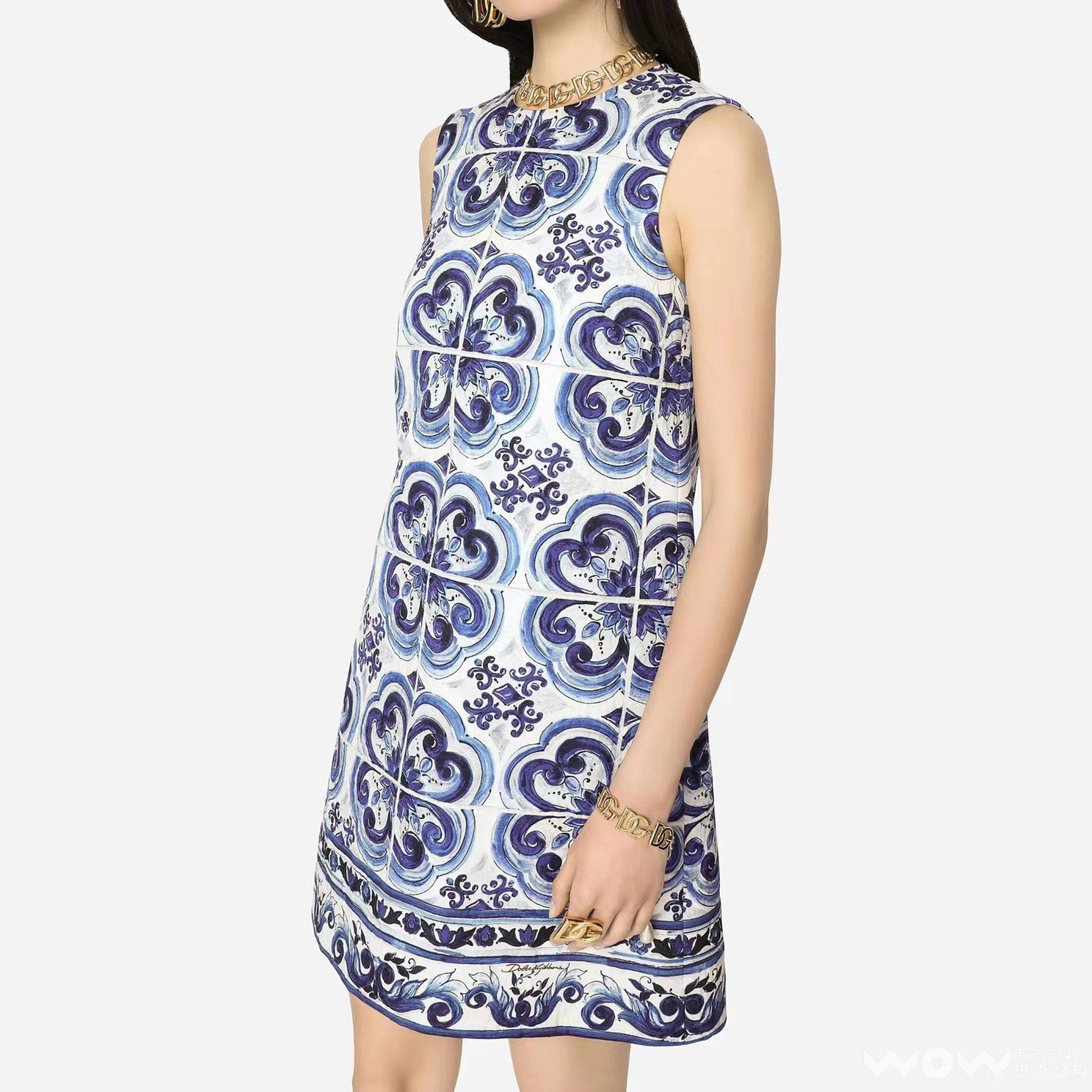Blue Porcelain Print Dress: Designer Party Wear | Sleeveless Gathered Waist Birthday Dresses C260312
