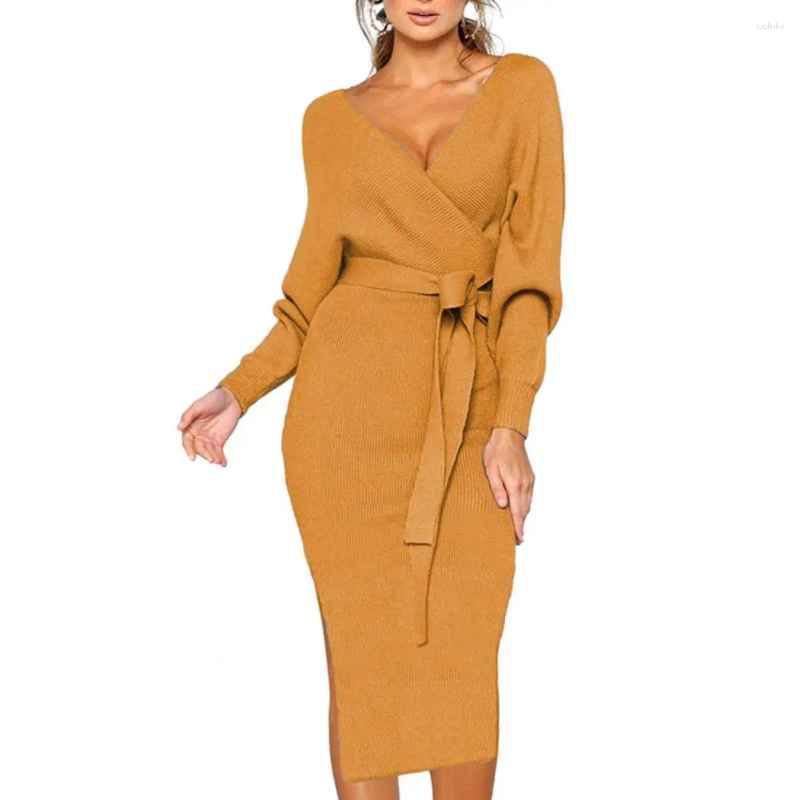 Casual Dresses Women Dress V-neck Chic Lace-up Belted Knitted Slim Fit Mid-calf Length Womens Fall/winter Fashion