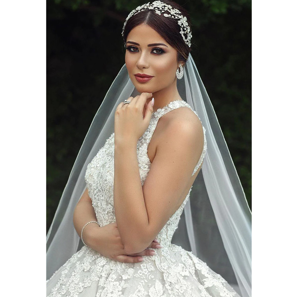 Elegant Lace Lace Wedding Dresses Arabic Sheer Sleeves High Neck Applique Sweep Train Bridal Wedding Gowns With Buttons