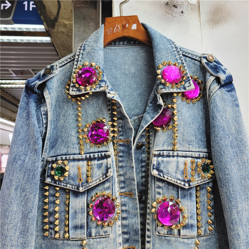 Women's Jackets Streetwear Fashion Denim Jackets Women Korean Loose Short Cowboy Outerwear Rivet Diamonds Big Pocket Jeans Jacket Coat Female 230